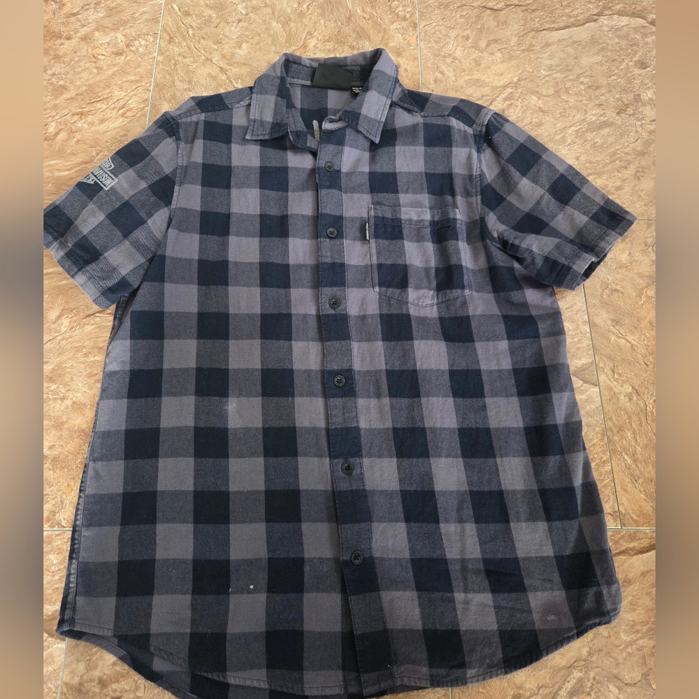 Men's Harley Davidson Navy and Gray Checkered Button-Down Shirt